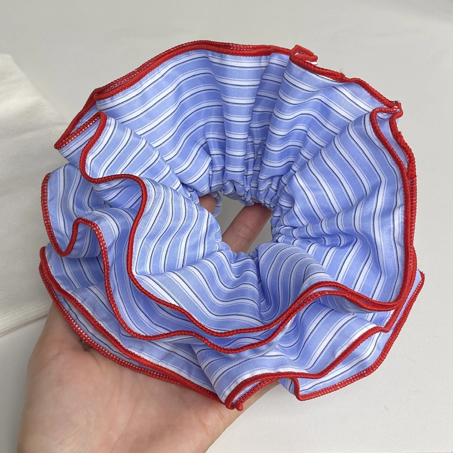 1PC Large Blue Striped Hair Scrunchie with Red Ruffled Edges, Cute and Fashionable Hair Tie, Sweet Hair Accessory for Women