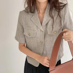 Women's Summer Vintage Short Tweed Blazer Coat Jacket Half Sleeve Single Breasted Outerwears Female Stylish Tops Korea Style