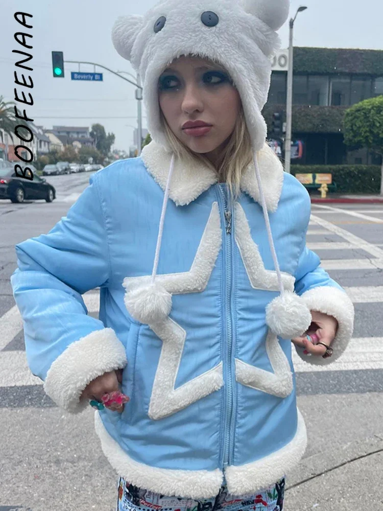 

BOOFEENAA Star Girl Y2k Puffer Jacket Women Winter Clothing 2023 Streetwear Fashion Zip Up Bubble Coats Light Blue C85-GZ41