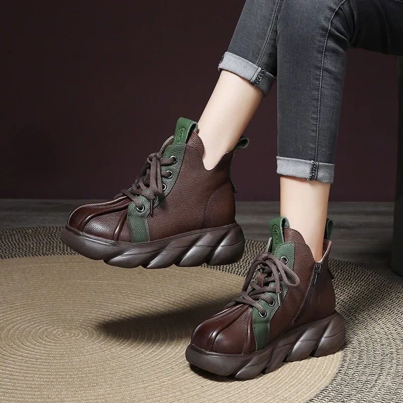 

Krasovki 6cm Ankle Boots Genuine Leather Ethnic Booties Woman Moccasins Winter Plush Comfy Platform Wedge Autumn Spring Shoes