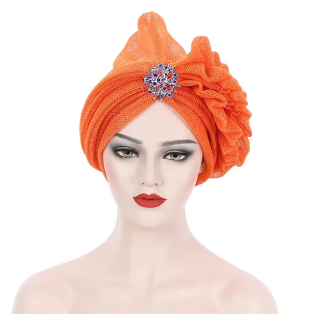 Breathable Auto Gele Headgear Turbans Laminated Fashion African Multicolor Headscarf Muslim Hat for Women Aso Oke Already Made Orange