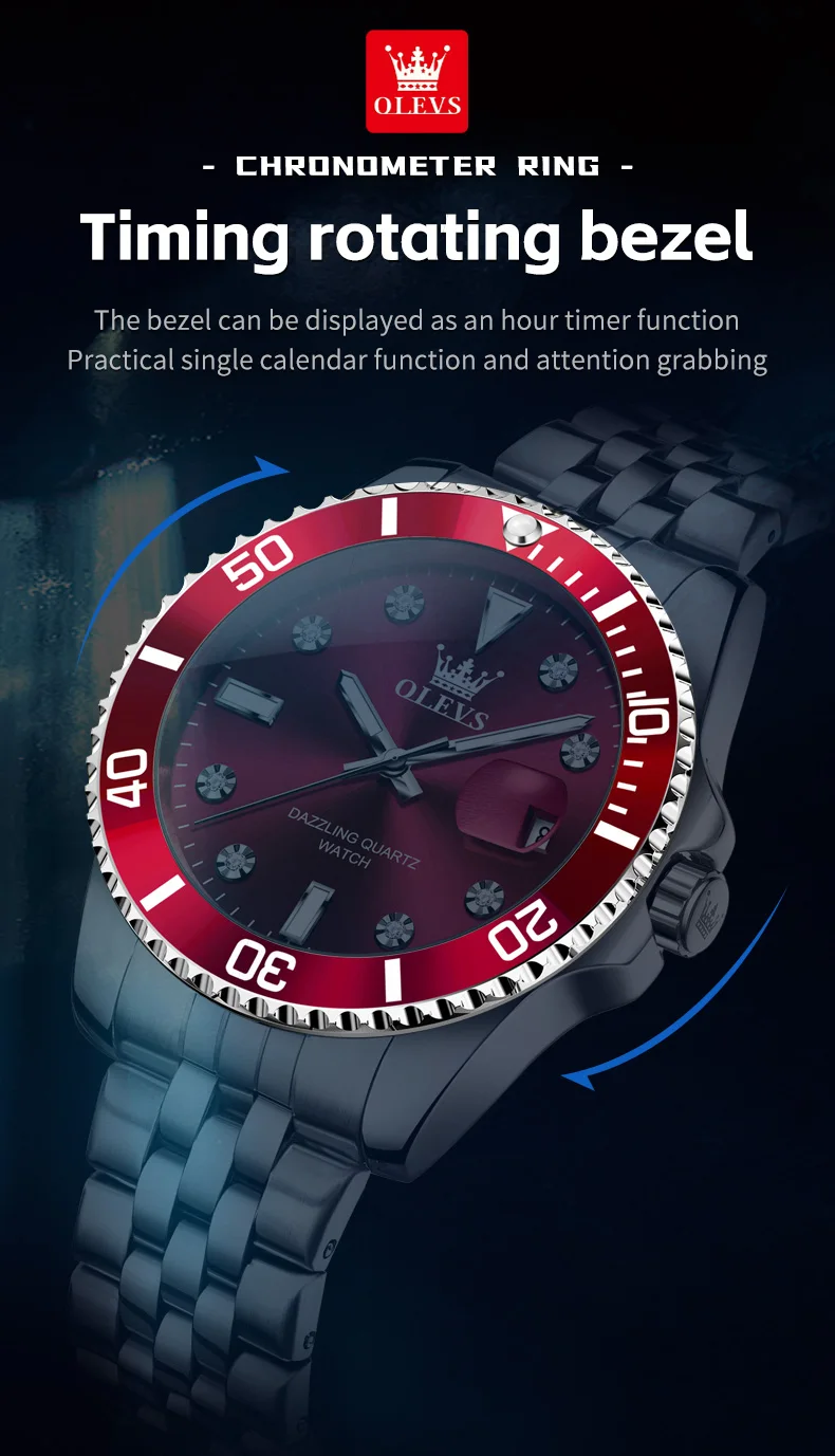 Luxury Mens Analog Quartz Watch - Submarine Series with One-Way Bezel
