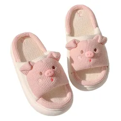 Women's Linen-Cotton Slippers with Soft Sole and Cute Pig Design - Non-Slip, All-Season Korean Style - 38-39 (Red)