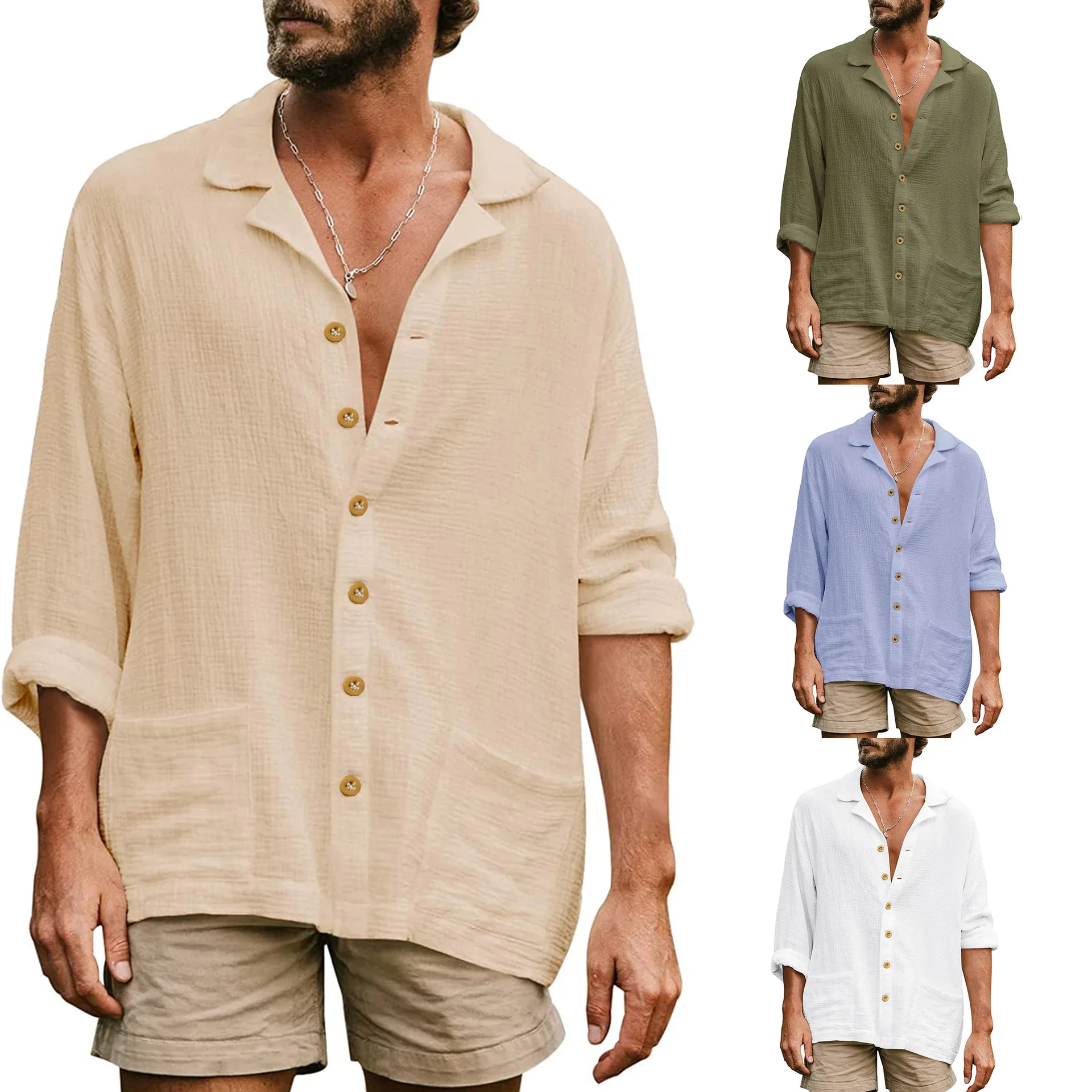European and n men's loose and large size casual lapel long-sleeved shirt, men's pure color comfortable shirt