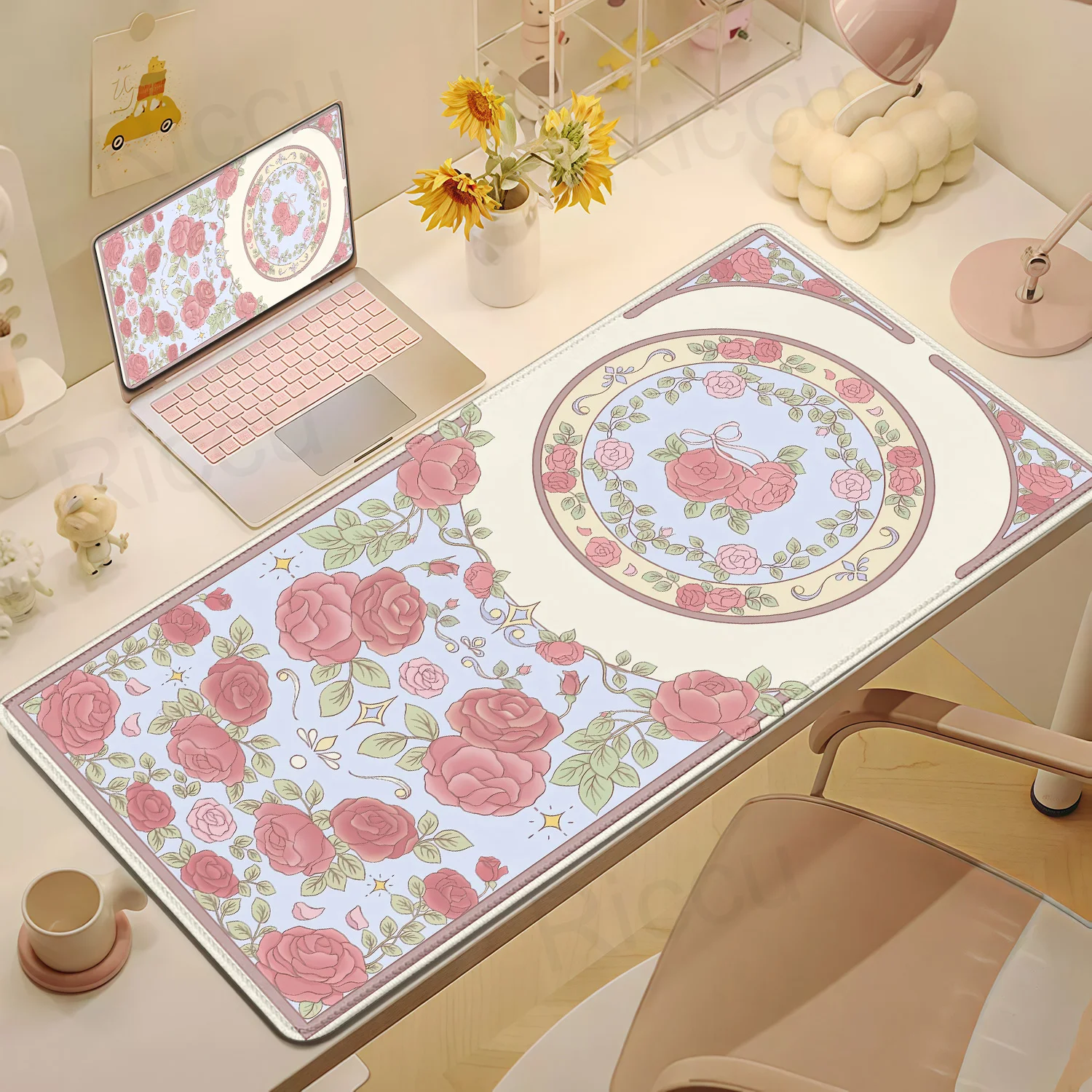 Genshin Impact Gamer Mauspad Rosa Lila Blume Erweitertes Pad XXL Niedliches Kaninchen Schreibtischunterlage Bürozubehör Weiche Laptop-Mauspads