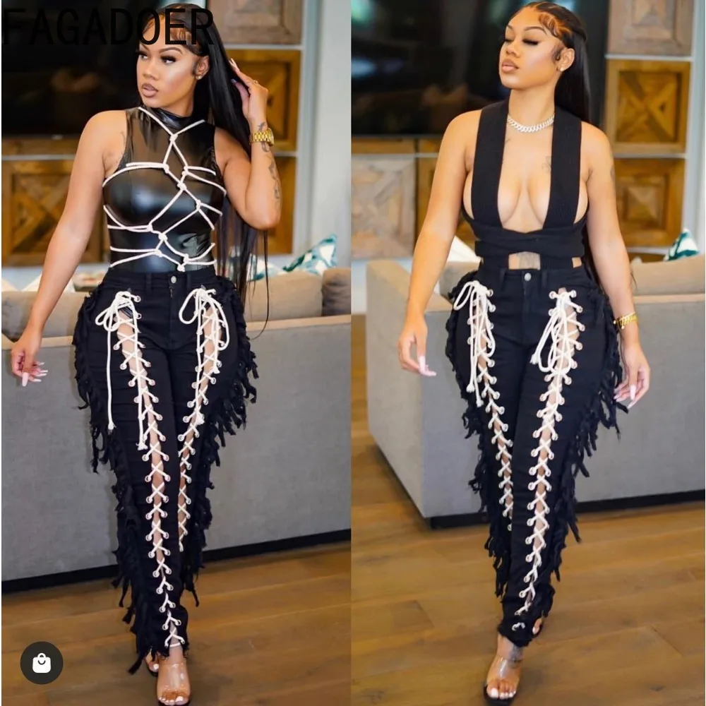 FAGADOER Lace-up Bandage Patchwork Women High Waist Long Pants Y2k Fashion Streetwear 2024 Spring Tassel Pockets Trousers Women