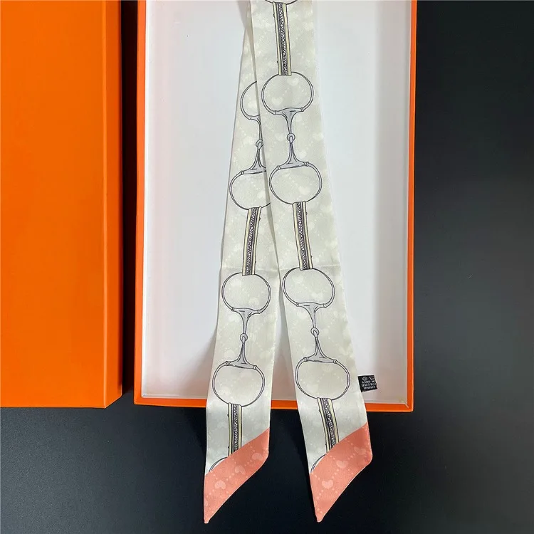2025 Luxus-Hufeisenschloss-Polyester-Seidenschal für Damen, alle Jahreszeiten, dekorativer dünner Schal, Schal, Stirnband, 90 x 5 cm – Detail 6