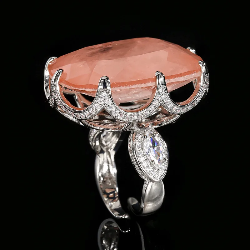 Large Cushion Cut Pink Rose Quartz Pendant Necklace Adjustable Ring Red Ruby Accent Statement Jewelry for Women Party Gift
