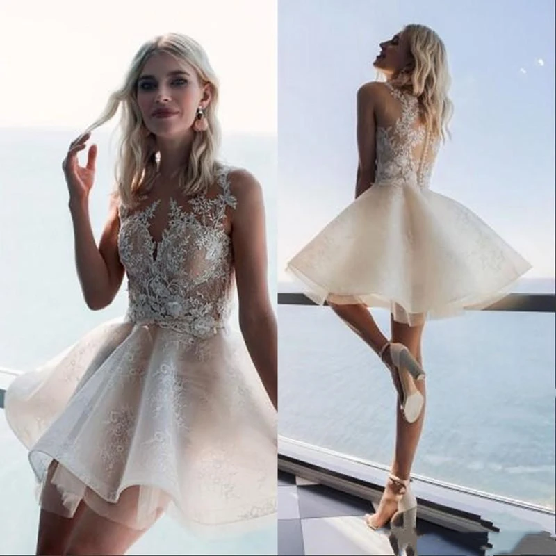 

New Exquisite Nude Lace Homecoming Gowns Short Cocktail Dresses Sleeveless Wedding Party Mini Length Appliqued On Sale