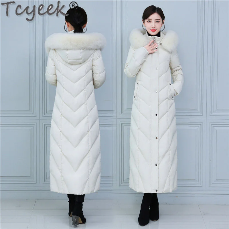 

Real 23 Fox Fur Collar X-long Warm Coat Women Clothes Winter Thicken Puffer Jacket Slim 90% White Duck Down Jackets