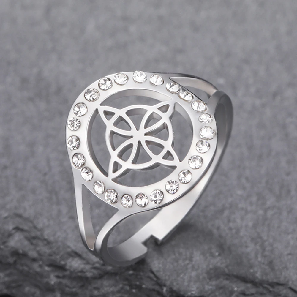 Dawapara Witches Knot Adjustable Women’s Ring with Clear Zircon - Stainless Steel Religious Jewelry