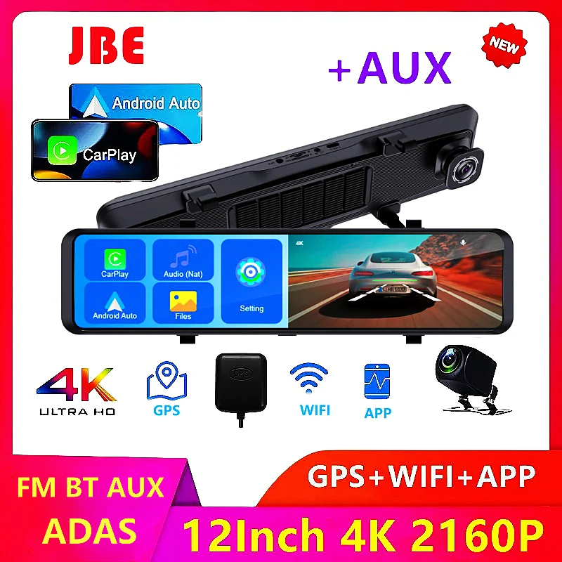 12Inch Dash Cam 4K 2160P Car Mirror Video Recording Carplay & Android Auto Wireless Connection WiFi ADAS GPS Navigation FM AUX car dash cam