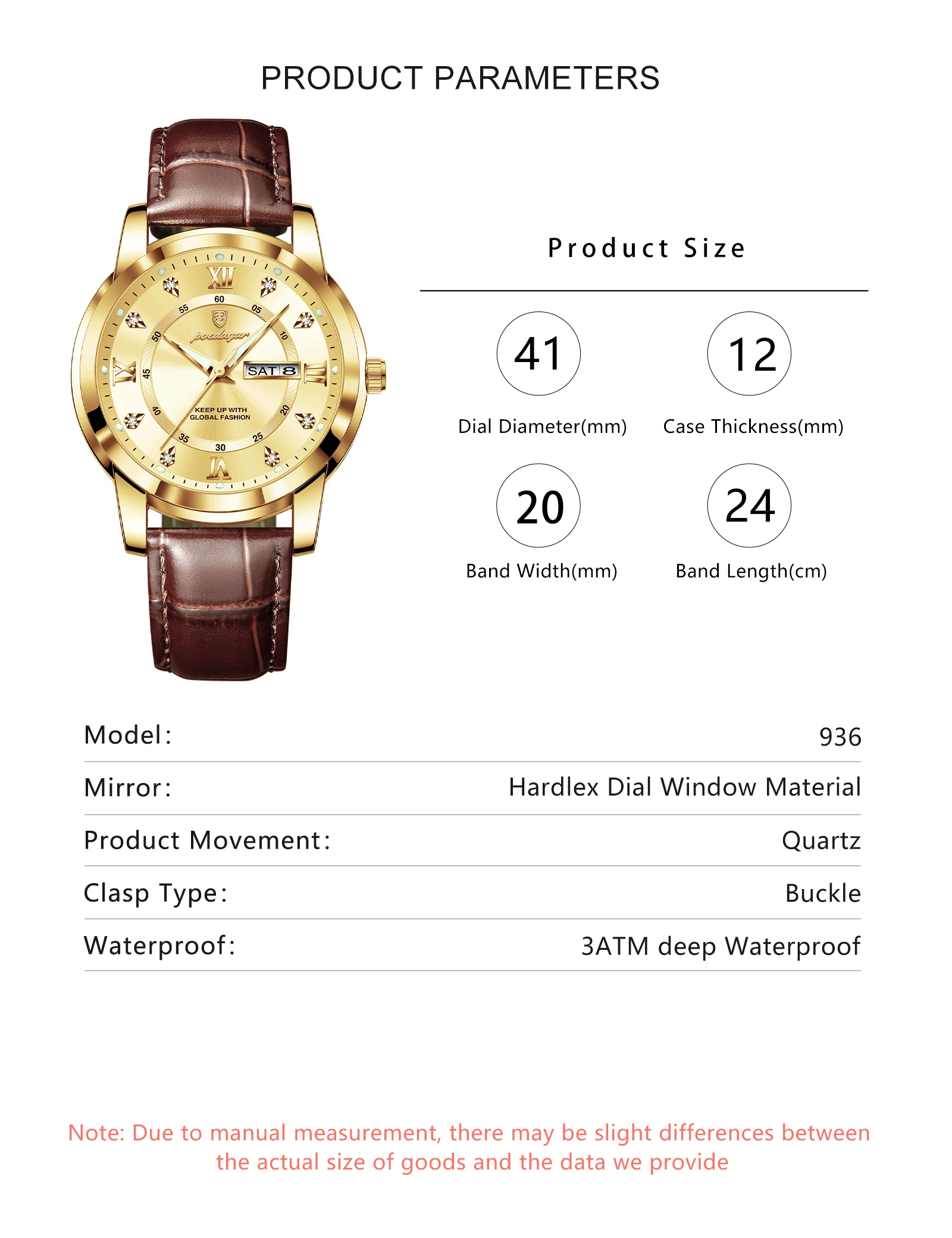 POEDAGAR Luxury Business Male Clock Date Week Waterproof Luminous Gold Men Wristwatch Casual Fashion Quartz Men's Watches Reloj