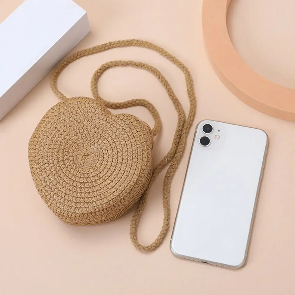 Fashion Woven Straw Shoulder Bags Heart Shape Travel Crossbody Bag Cute Creative Coin Purse for Children