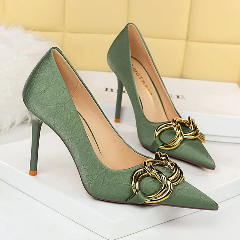 Dame Luxus Metall Schnalle Design 7,5 cm 9,5 cm High Heels Pumps Frauen Chic Grün Stiletto Kleid Schuhe Weibliche Elegante party Schuhe – Detail 9