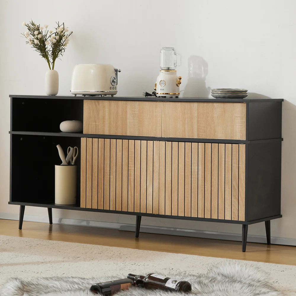 PINGGO Kommode mit 4 Schiebetüren und 1 Schublade, Eiche kombiniert mit Schwarz, multifunktionale Aufbewahrung für Schlafzimmer, Wohnzimmer, Flur – Detail 12
