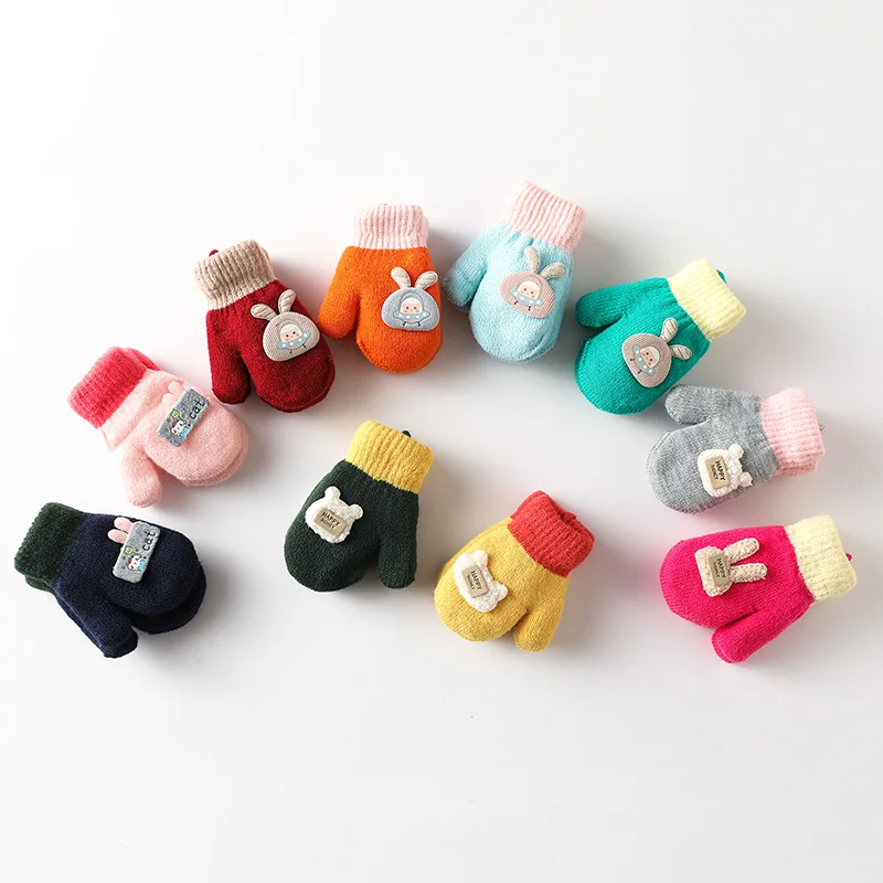 

0-3Years Kids Winter Mittens Boys Girls Knitted Gloves Cute Candy Color Children Warm Full Finger Mittens Baby Gloves with Rope
