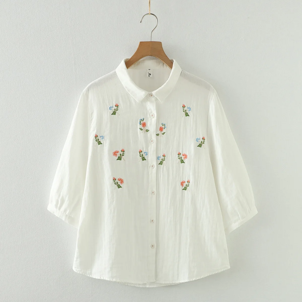 Summer Japanese Mori Girl Flowers Embroidery Double Layers Cotton Yarn Shirt Women Half Sleeve Peter Pan Collar Blouse Tops