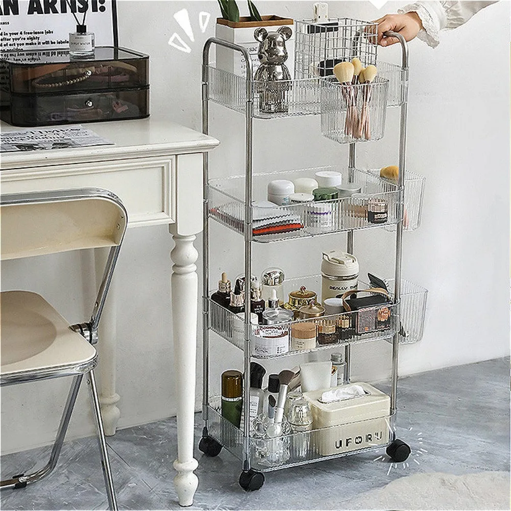 4 Tiers Rolling Cart Storage Shelfs with Hanging Basket Transparent Acrylic Trolley Mobile Shelf with Wheel Multi-Layers Storage
