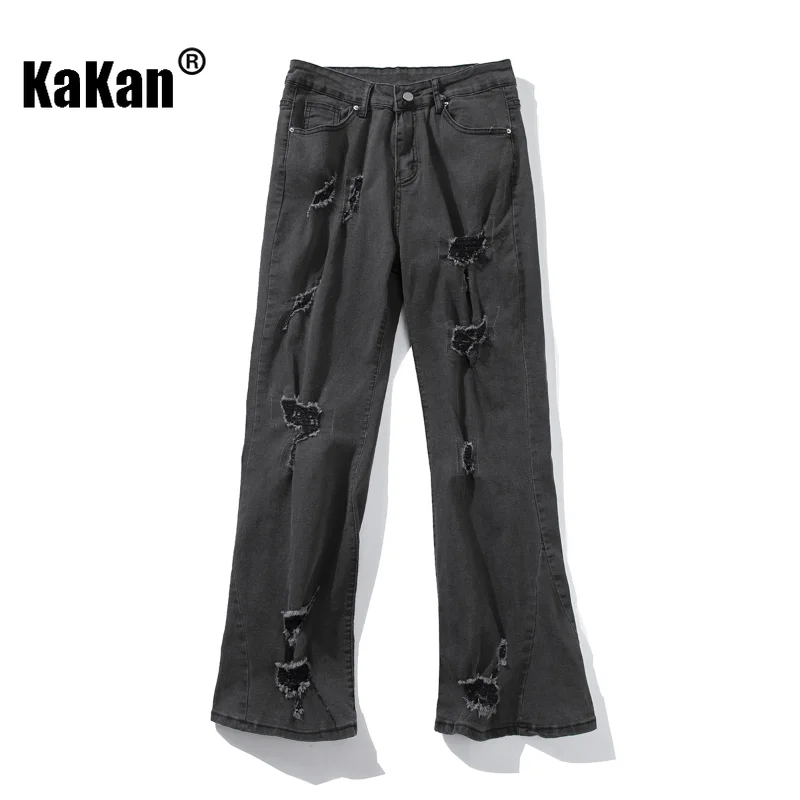 Kakan - New Men's Stretch Perforated Jeans, European and American Loose Straight Length Black Jeans K24-ASN715