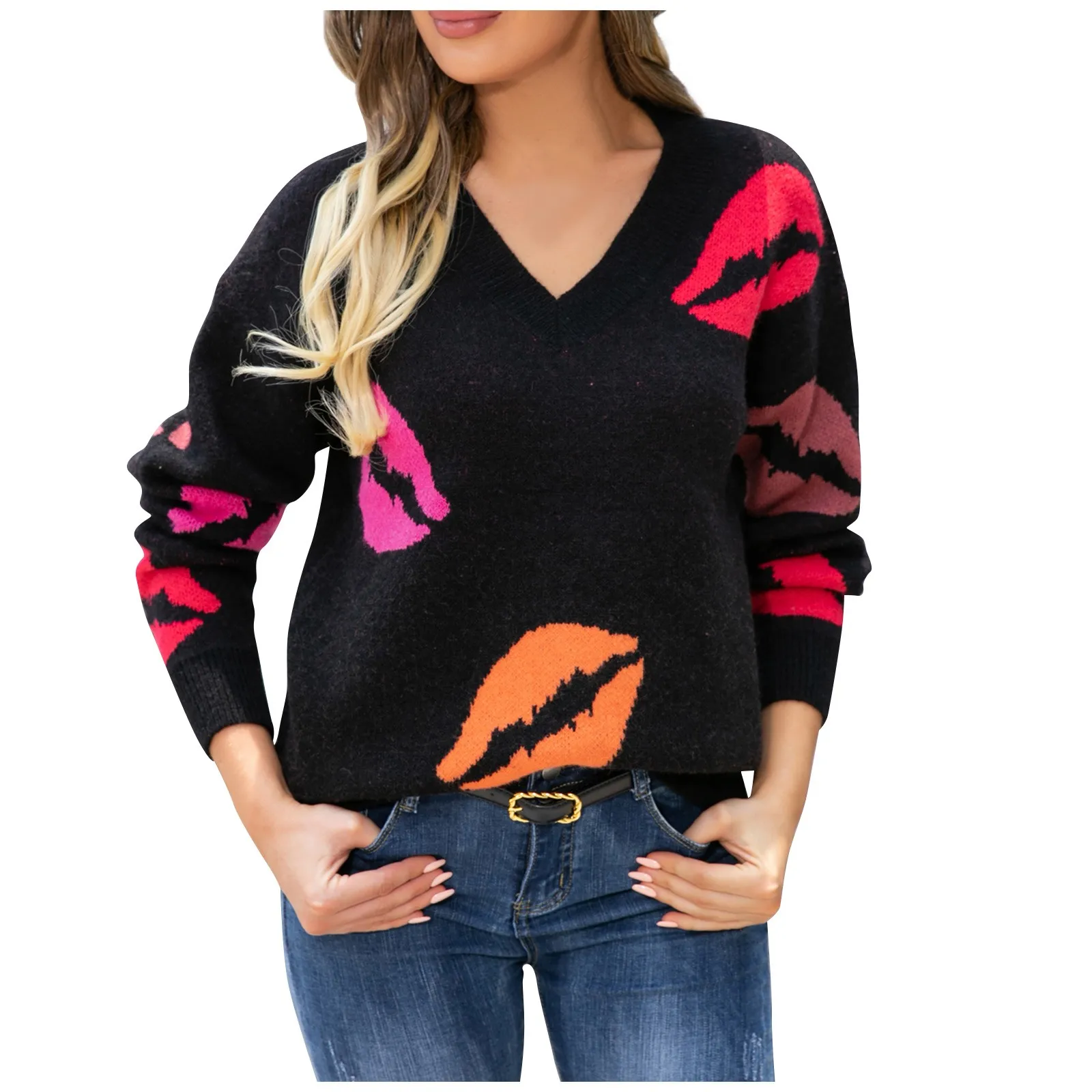 

Women's Fashion Casual Loose V Neck Sweater Lips Long Sleeve Sweater Pullover Top Long Sleeve Streetwear suéteres Casual Tops