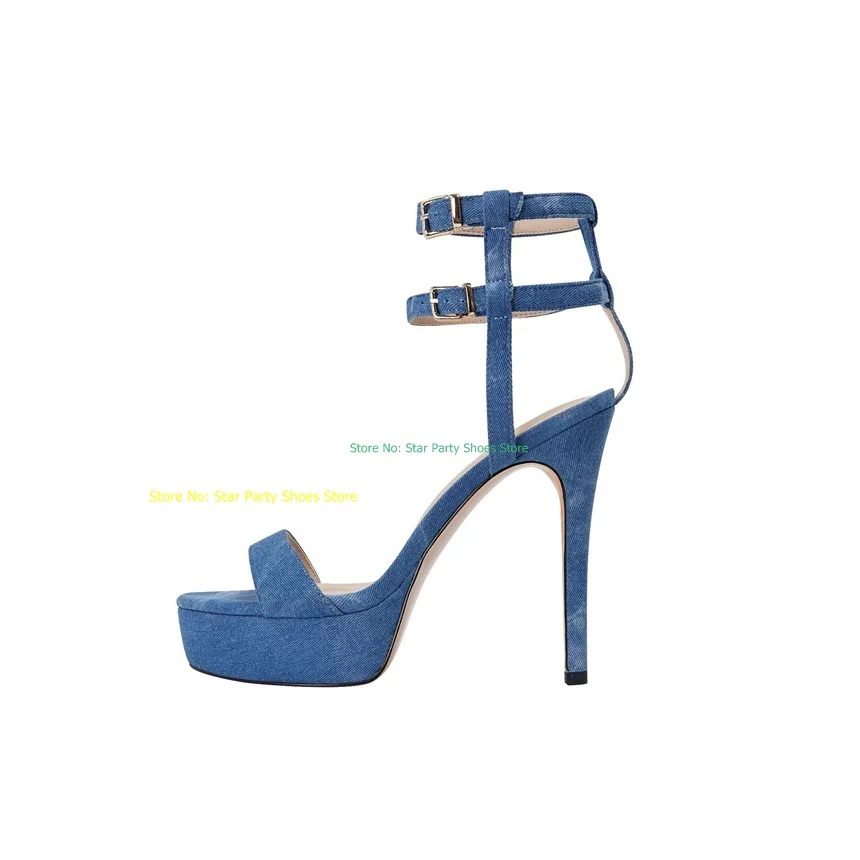 

Attractive Woman Summer Thin High Heel With Platform Denim Sandals Round Toe Female Blue Sandal Shoes