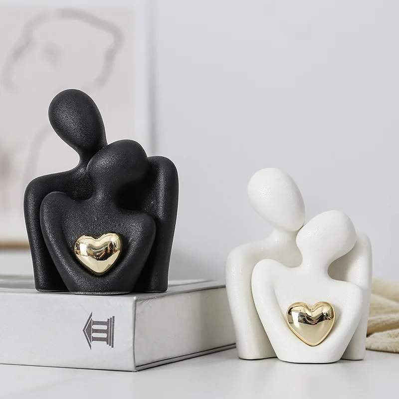 Heart-Shaped Gold-Plated Abstract Simple Character Decoration Wine Cabinet Hallway Couple Hug Art Decoration Ceramic Crafts 1