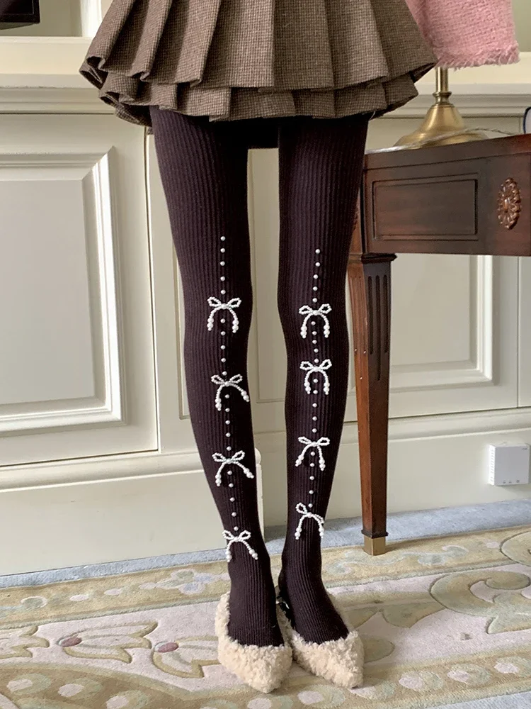 Pearl Bow Belly Contracting Hip Lifting Pressure Slimming Autumn and Winter Thermal Pantyhose Women
