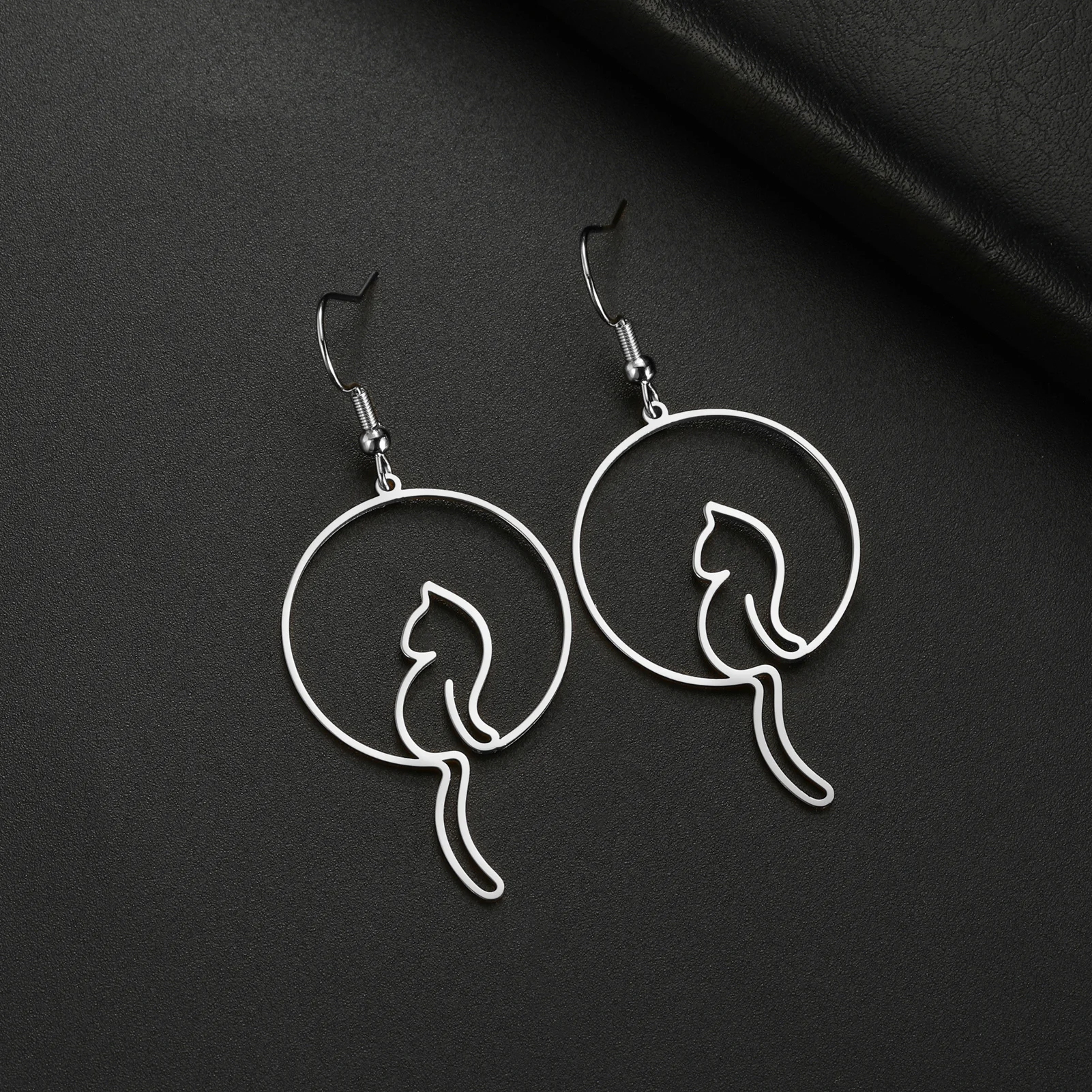 Cat Silhouette Drop Earrings for Women Stainless Steel Cute Cat Hollow Geometric Dangle Earrings Jewelry - PeticaDeals