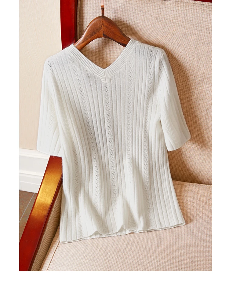 new summer v-neck ice silk short sleeve women's round neck knitting thin hollow out T-shirt bottom half sleeve top