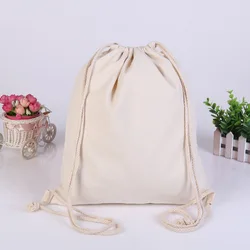 Cotton Canvas Drawstring Backpack with Pocket for Gym, Travel, and Shopping (White 34x40)