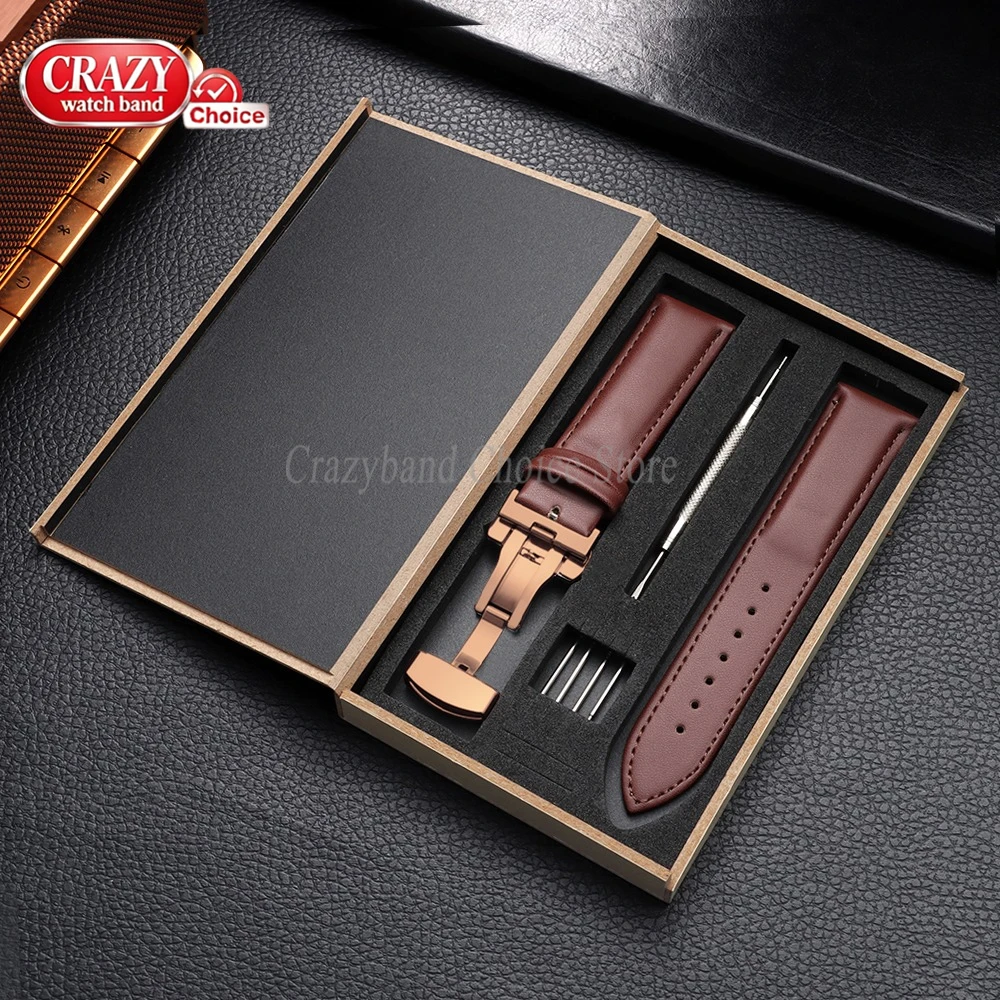 Elegant Brown Leather Watch Strap with Butterfly Buckle - Universal Fit for Business & Casual Wear