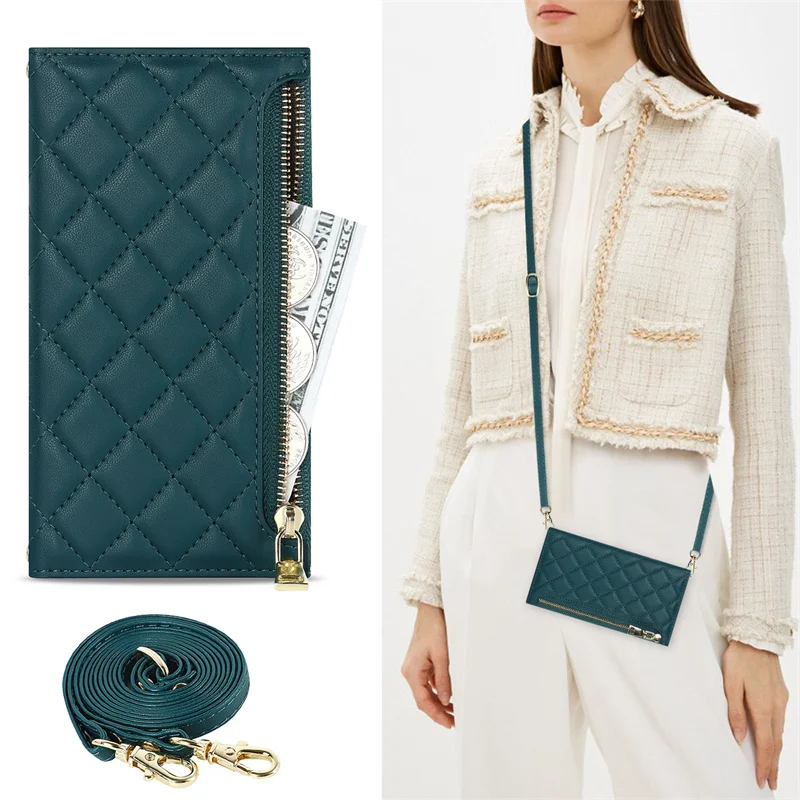 For iPhone 14 13 12 11 Pro Max mini 7 Plus diamond Leather Wallet Zipper Case Flip Stand Cover With straps