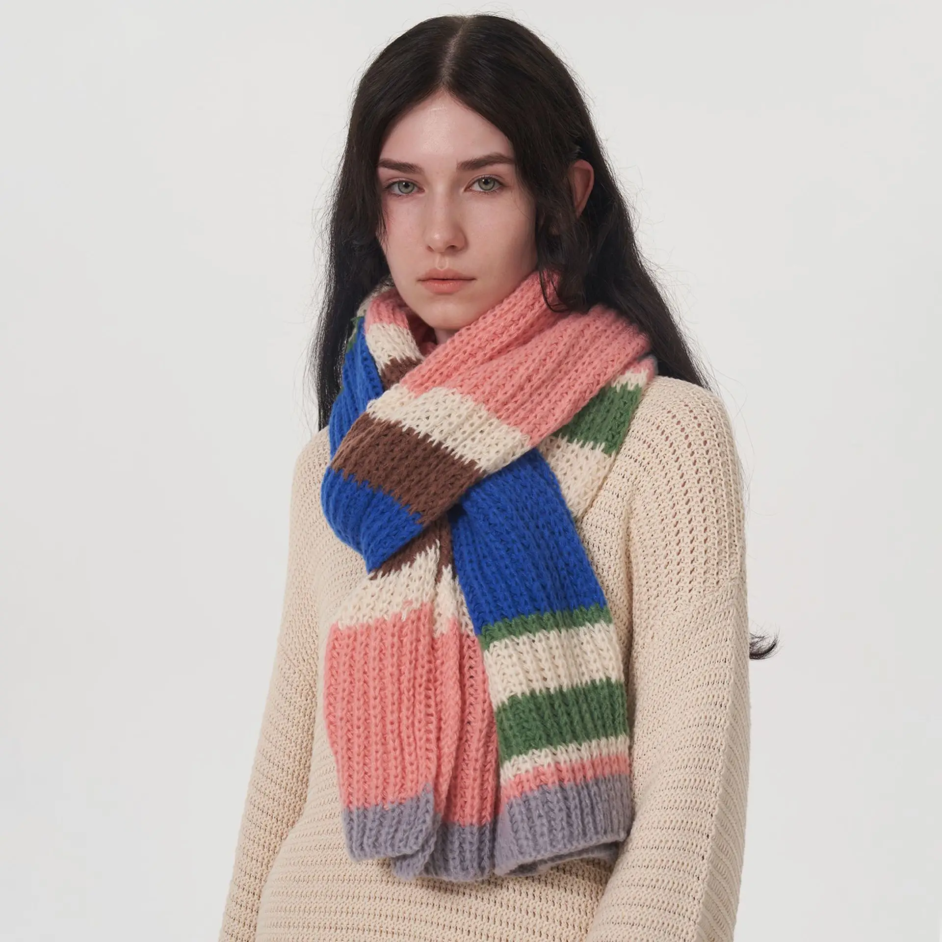 

Autumn/Winter Warm Knitted Cashmere Scarves Simple Multicolor Stripes Splicing Scarf Fashion OL Long Muffler