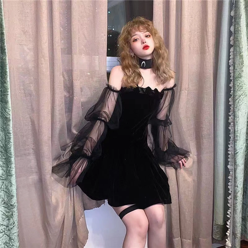 

New 2023 Black Party Dress Women Lace Chiffon Mini Dress Female High Gothic Sexy Korean Fashion Dress Women Club Dress