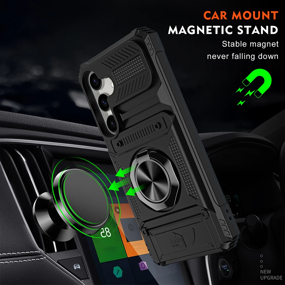 Enhanced Card Slot Armor Phone Case with Finger Ring & Magnetic Bracket - Durable Bumper Protection