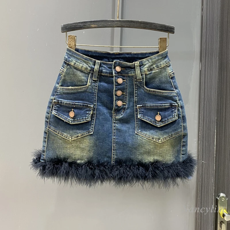 

European Style High Waist Single-Breasted Denim Skirt Women's New Retro Anti-Aging Hem Furry Sheath Skirts Femme 2023