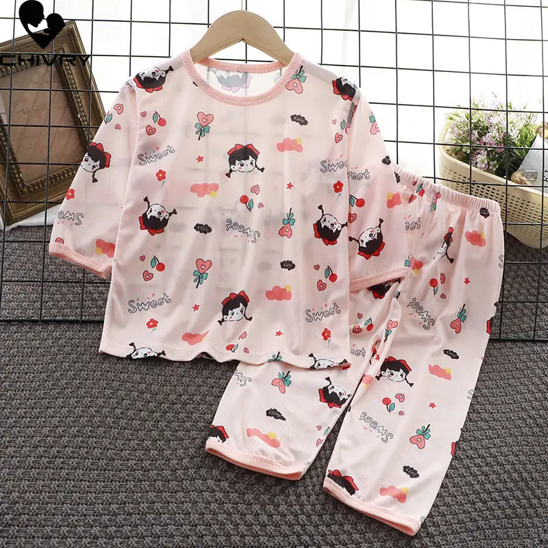 

Kids Summer Thin Pajamas Sets New 2023 Boys Girls Cartoon Three Quarter Sleeve Cute T-Shirt Tops with Pants Baby Boy Sleepwear