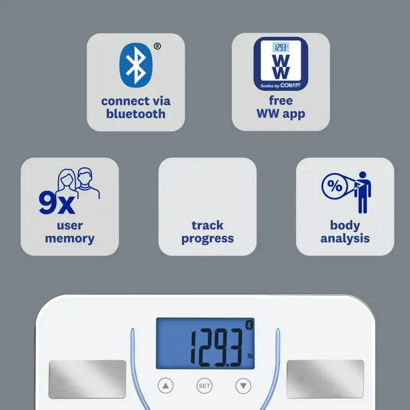 WW Scales by Conair Bluetooth Body Analysis Bathroom Scale Measures Body  Fat Body Water Bone Mass Muscle Mass BMI 9 User Memory 400 Lbs. Capacity