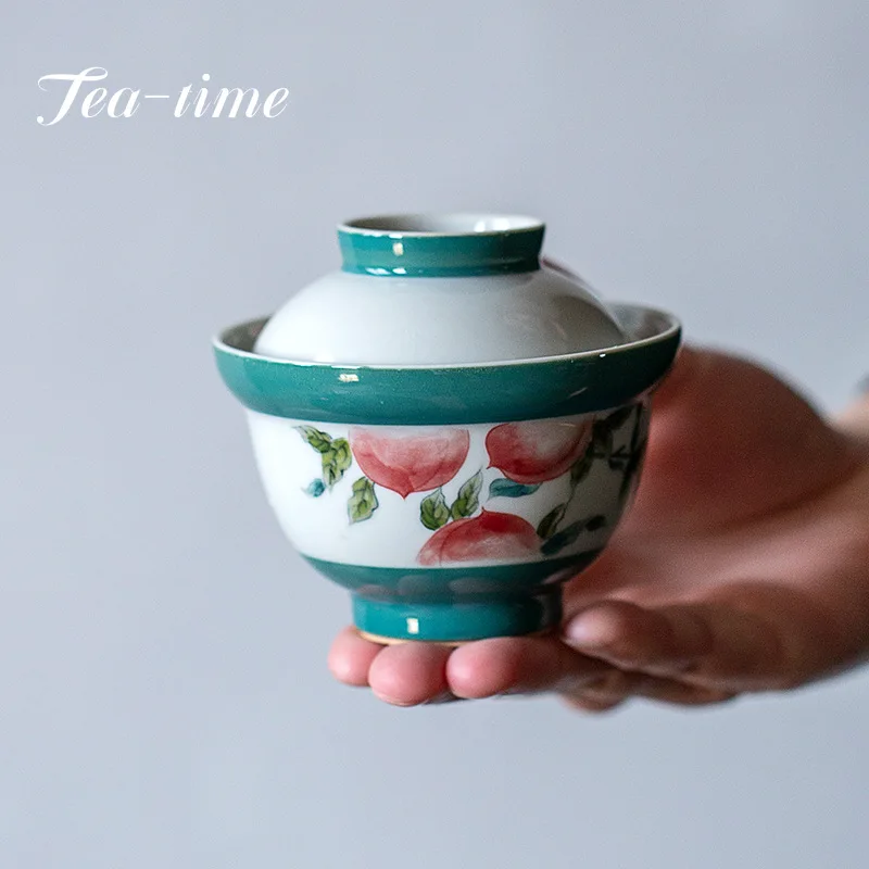 

130 мл ручная роспись долговечность персиковый чай Tureen бирюзовый зеленый слиток керамическая чаша чайник Gaiwan чайный набор кунг-фу чайный набор подарочная коробка