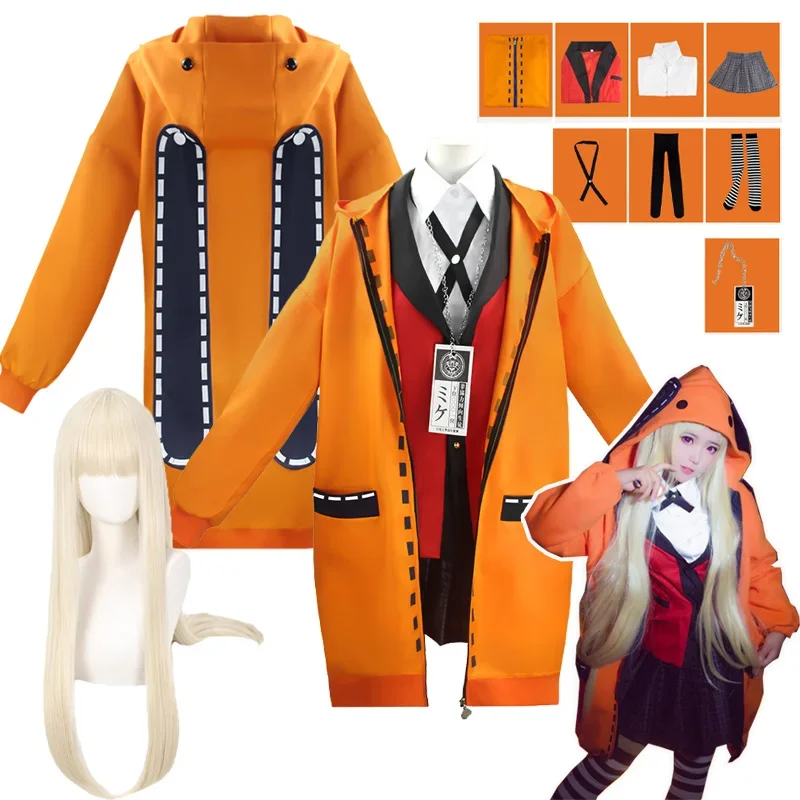 

Disfraz de Yomozuki Runa para mujer, traje de Anime, Kakegurui, peluca y chaqueta con capucha naranja, uniforme escolar, disfraz