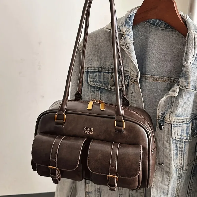 Women's Coffee Brown Multi-Pocket Handbag Shoulder Bag, Stylish Versatile Letter Crossbody Purse for Travel Work Shopping Dates