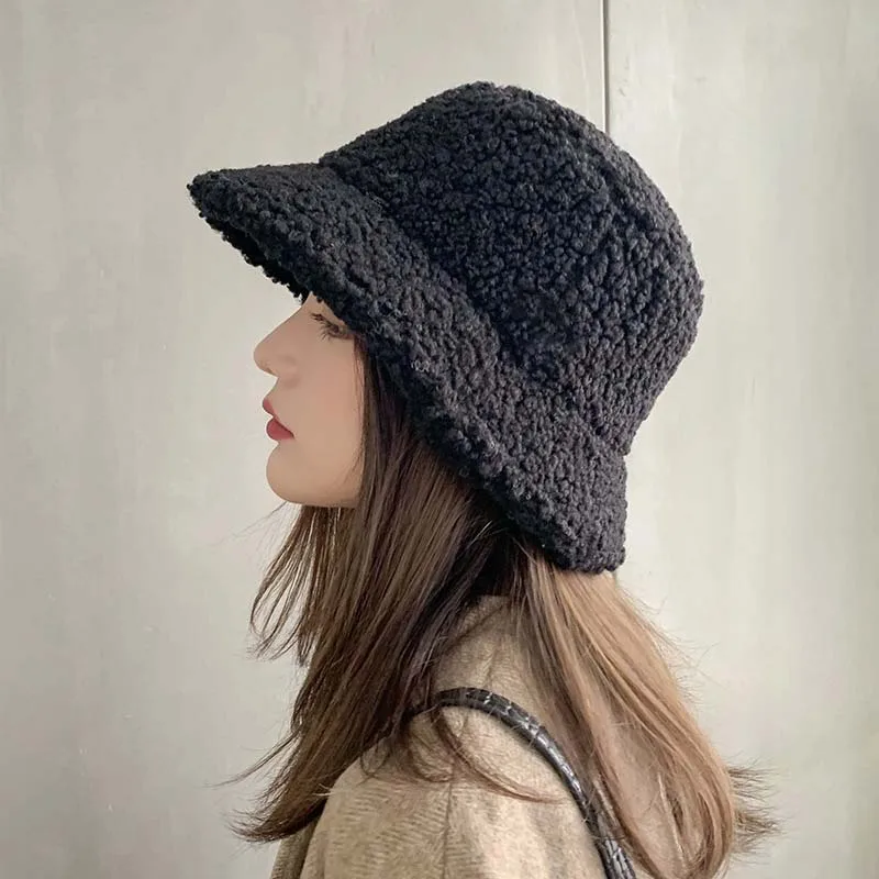 Women Lamb Bucket Hat Autumn Winter Thicken Plush Wool Warm Flat Top Fisherman Hats Outdoor Windproof Panama Bowl Beanie Caps