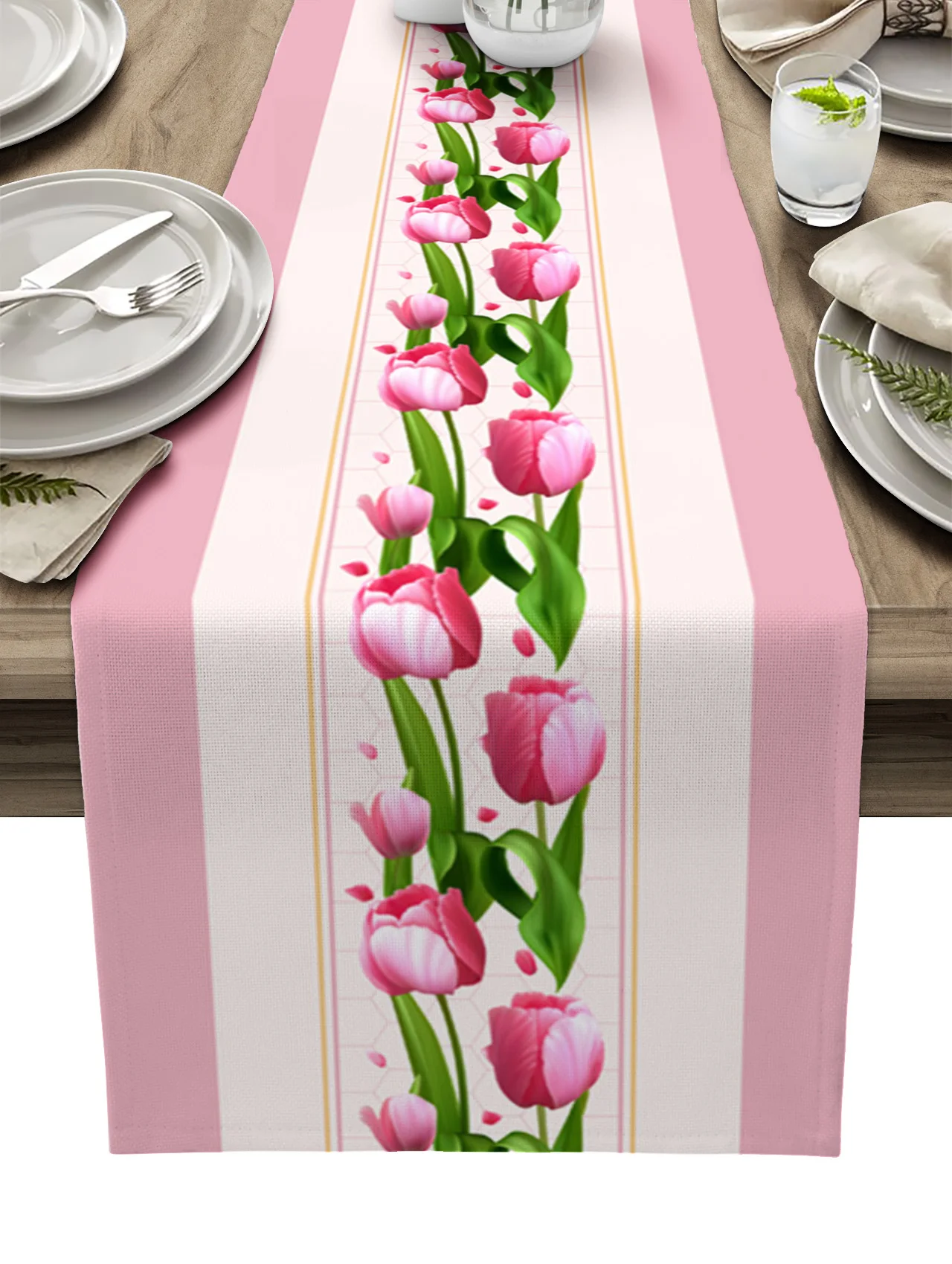 

Mother'S Day Pink Tulips Linen Table Runner Kitchen Table Decoration Farmhouse Reusable Dining Table Cloth Wedding Party Decor