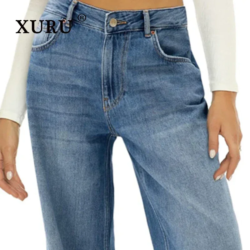 XURU - European and American New Solid Color Casual Versatile Jeans Women's Wear, Cat Beard Monkey Loose Wide Leg Jeans K8-3241