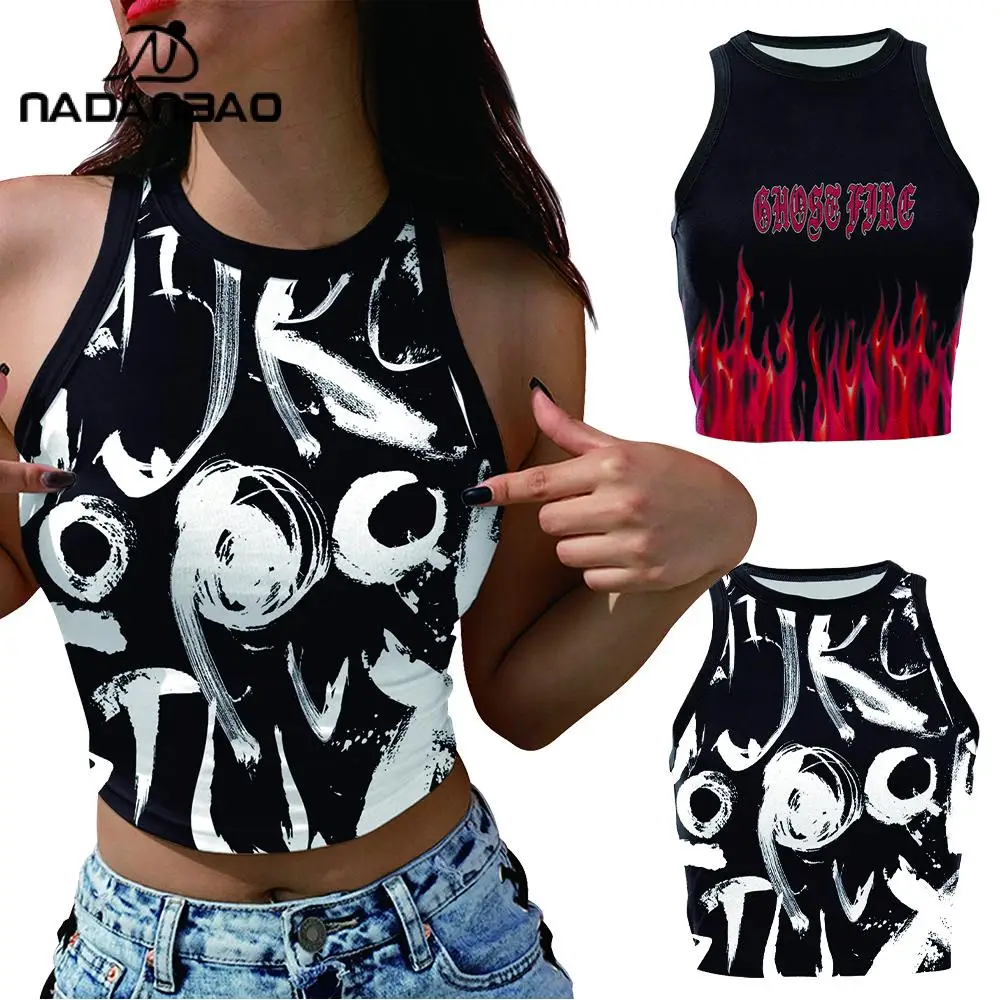 

Nadanbao Women's Sleeveless Flame Printed Vest 2024 Summer Tight Sexy Vest Women's Round Neck Vest Street Clothing