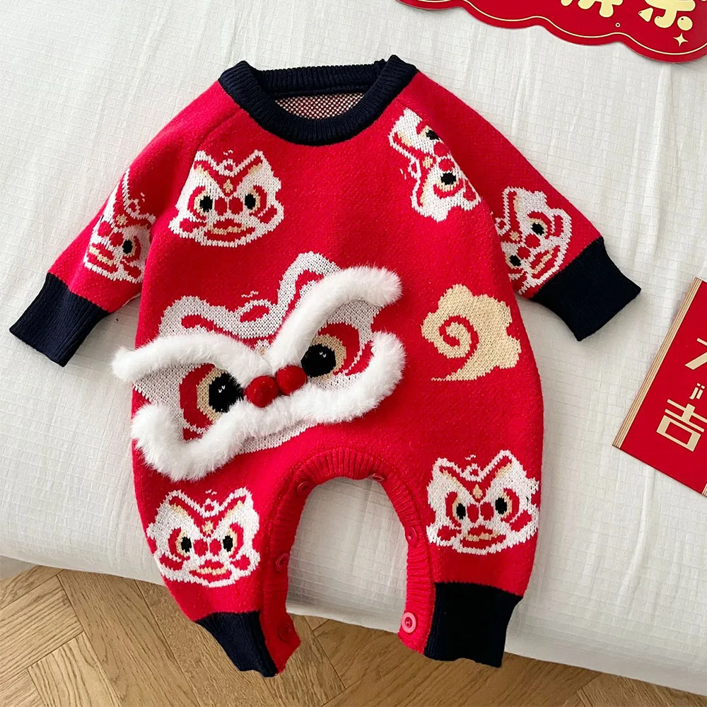 

Chinese New Year Baby Boy Onesie Long Sleeve Knitted Winter Warm Newborn Clothes Baby Girl Rompers Wholesale Price