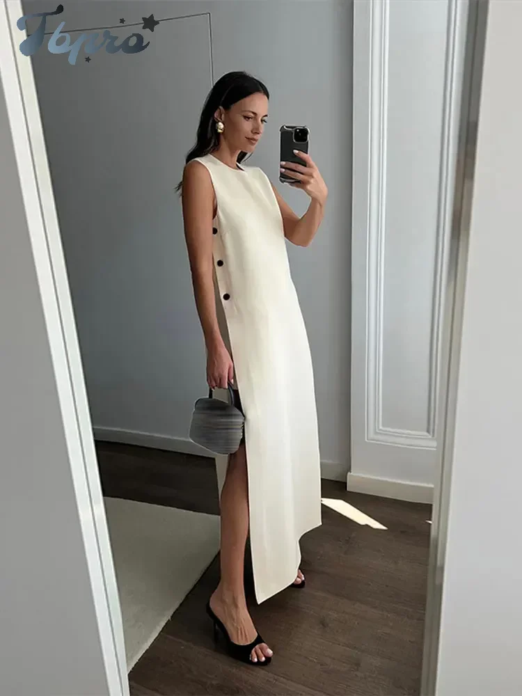 

Elegant Casual Women Tank Dress 2024 Summer Loose Round Neck Off Shoulder Buttons Split Vestidos Fashion High Street Robes