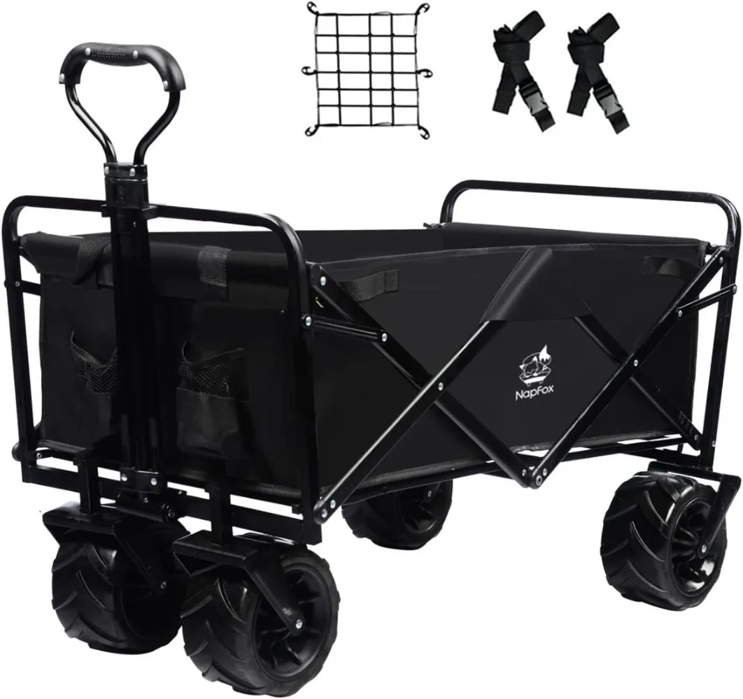 

Collapsible Wagon Cart Heavy Duty Foldable Beach Cart with All-Terrain Wheels for Sand with Cargo Net, Straps, Utility Beach