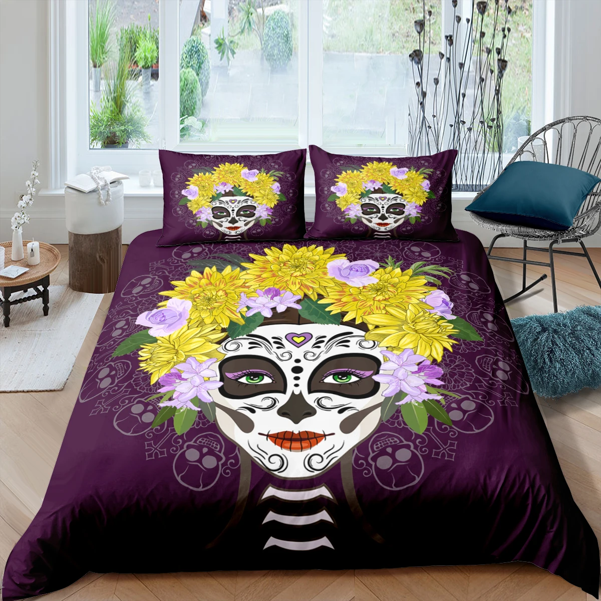 

Home Living Luxury 3D Skull Girl Bedding Set Flower Duvet Cover Pillowcase Queen and King EU/US/AU/UK Size Comforter Bedding